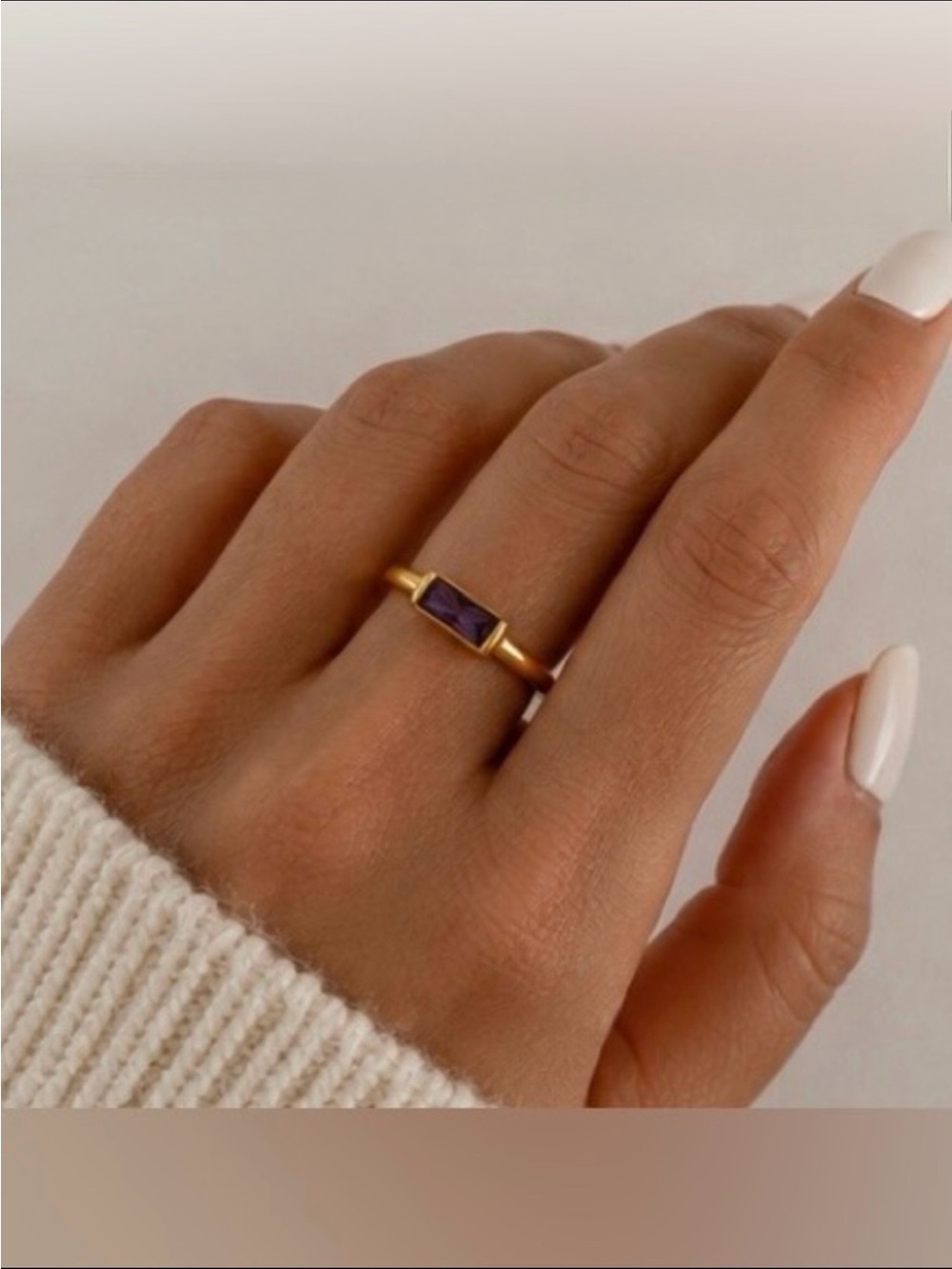 Dainty Gold open ring with purple baguette stone